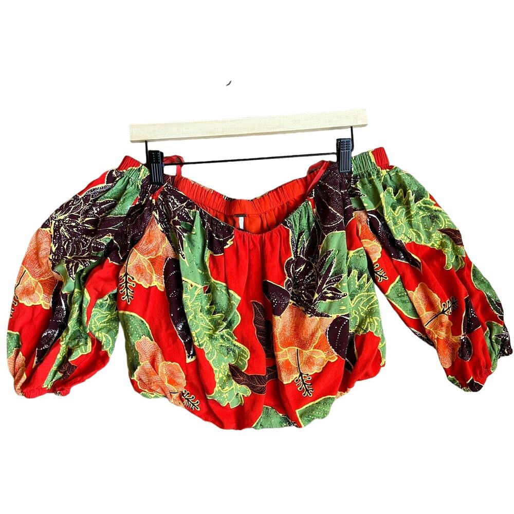 Free People Red‎ Floral Hibiscus Off Shoulder Crop Top Linen Size Small